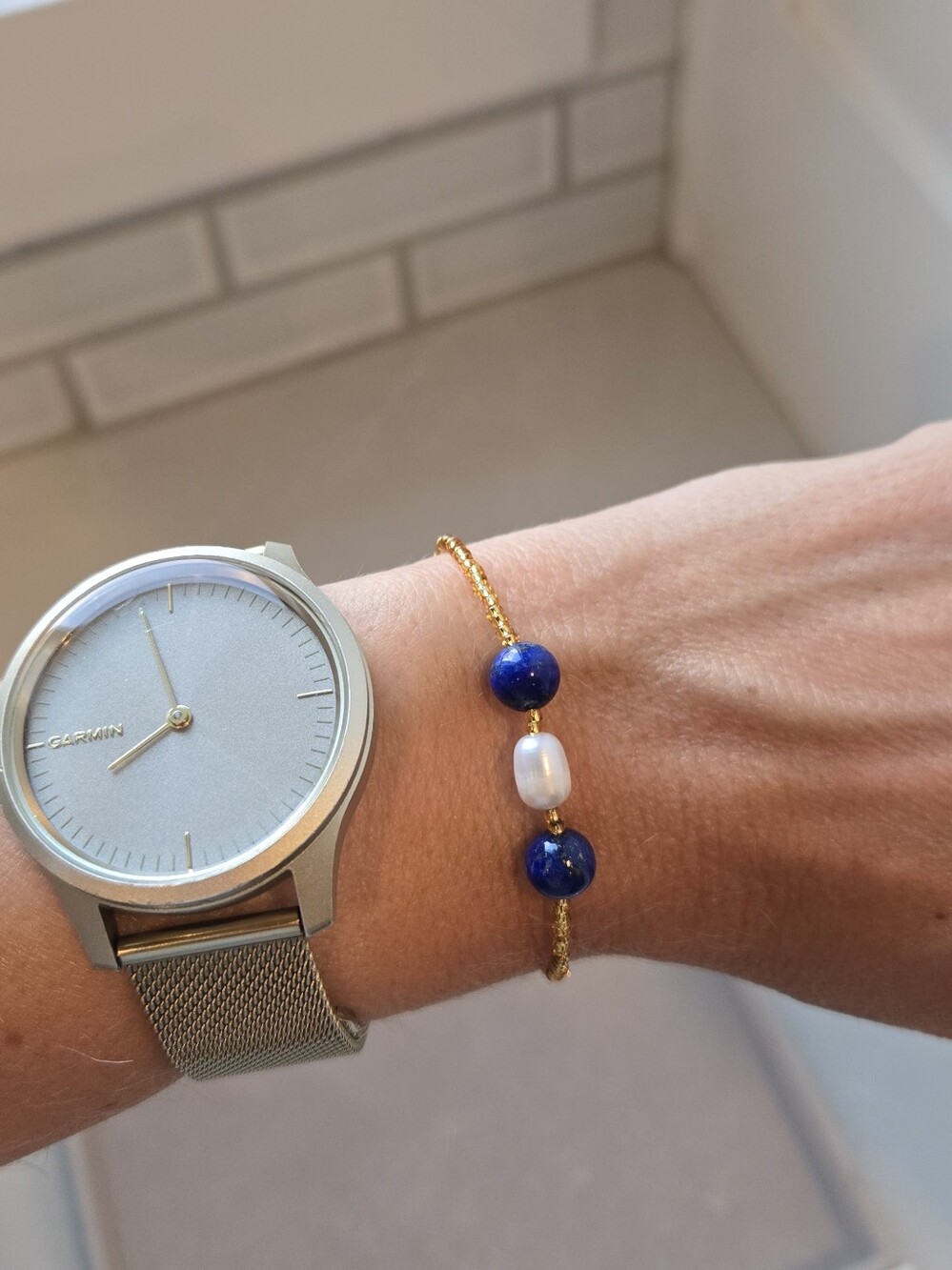 Handmade Lapis Lazuli and Fresh Water Pearl Bracelet